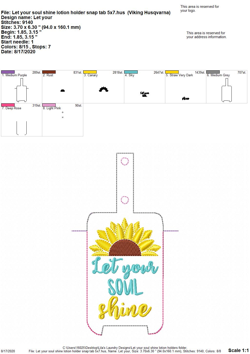 Let Your Soul Shine Hand Lotion Holder 5x7 included- DIGITAL Embroidery DESIGN