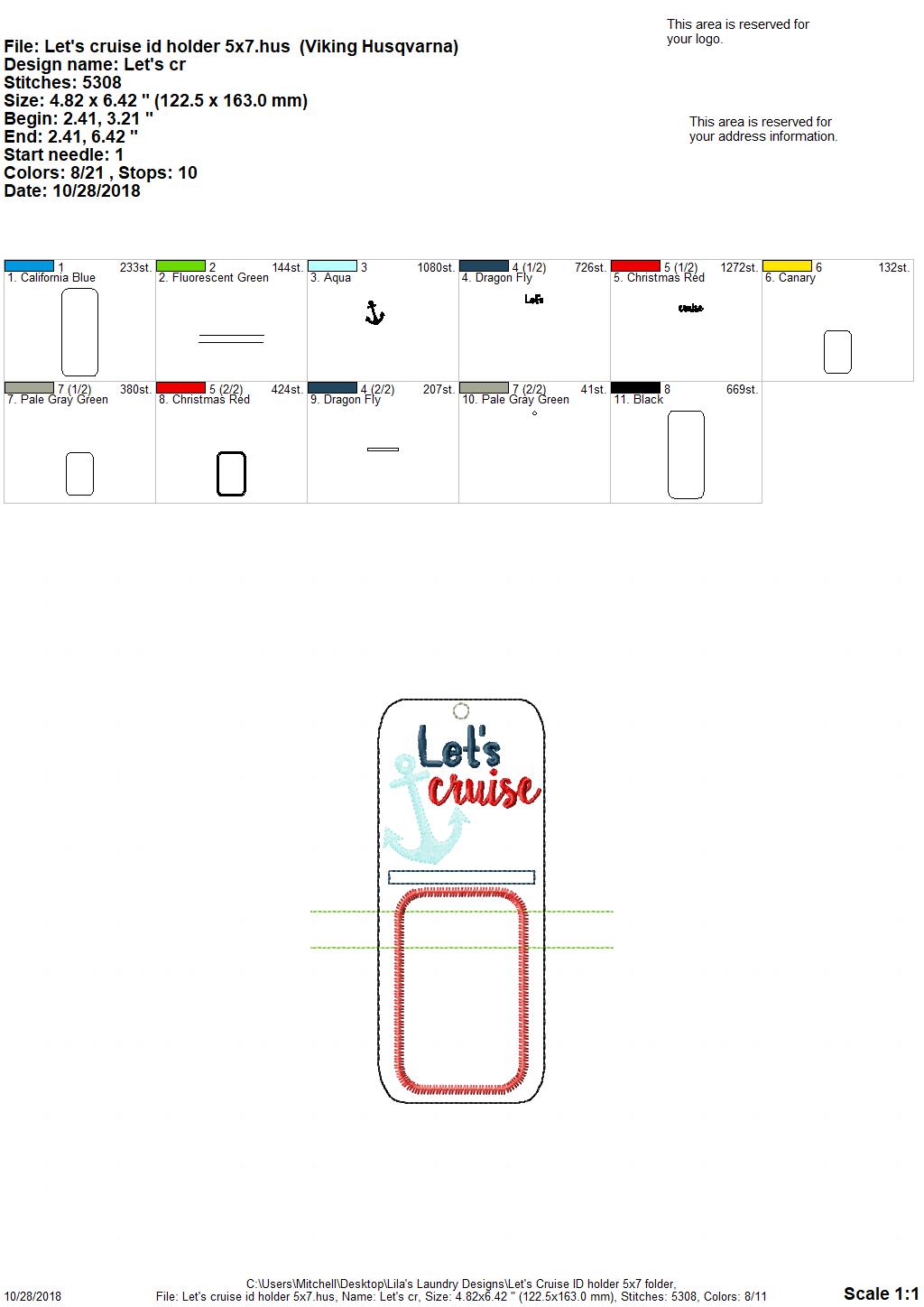 Let's Cruise holder/luggage tag - 5 x 7 - Embroidery Design - DIGITAL Embroidery design