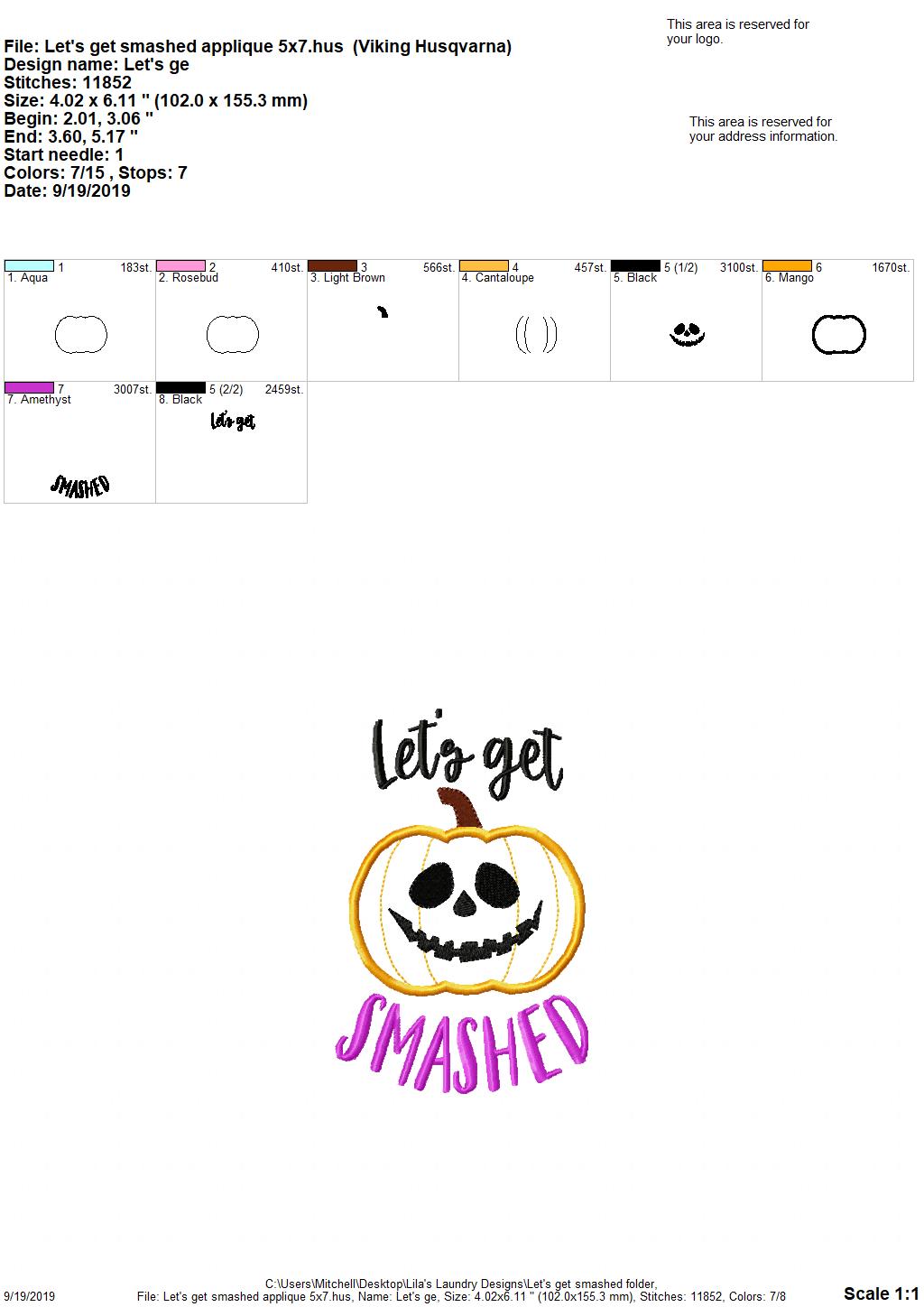 Let's Get Smashed 4x4 and 5x7 - digital embroidery design