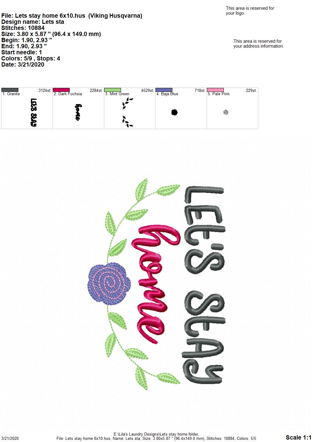Let's Stay Home - 3 Sizes - Digital Embroidery Design