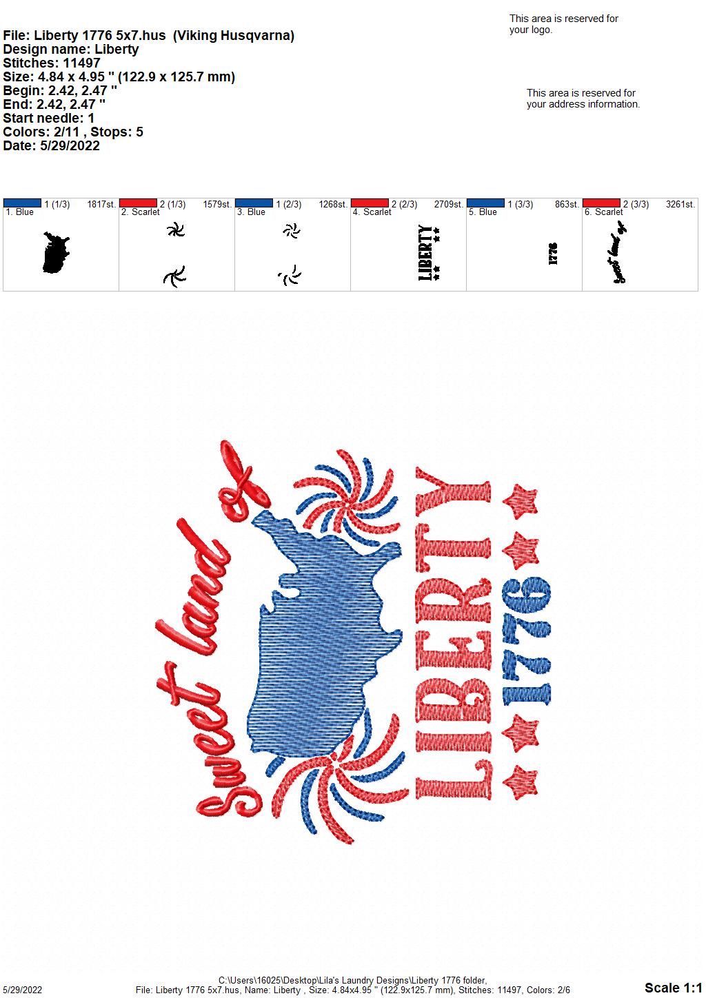 Liberty 1776 - 3 sizes- Digital Embroidery Design