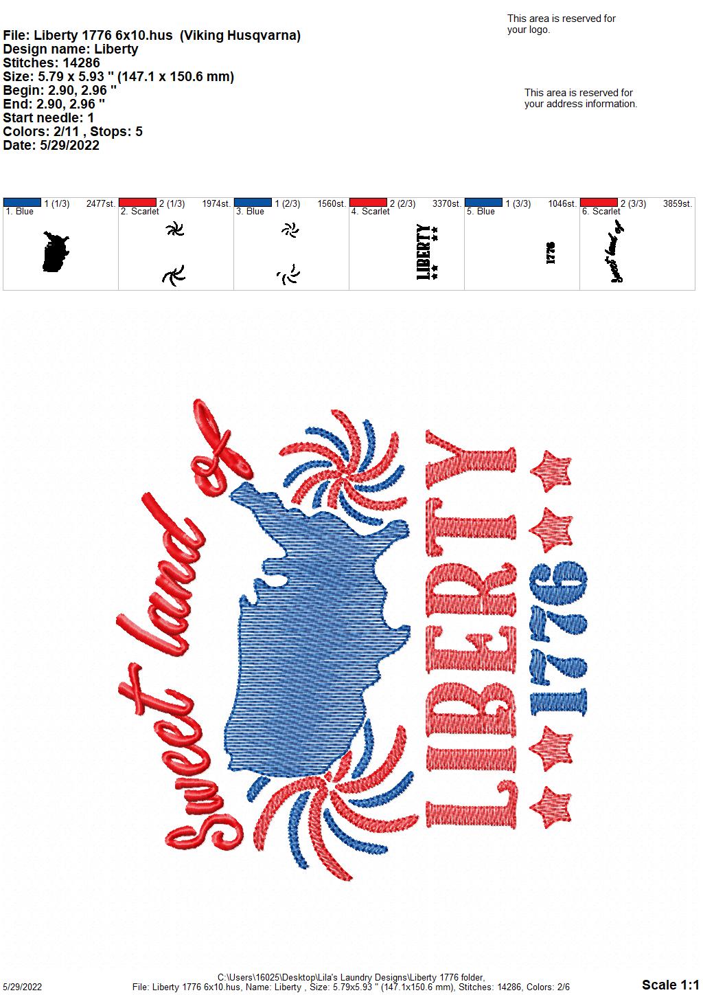 Liberty 1776 - 3 sizes- Digital Embroidery Design