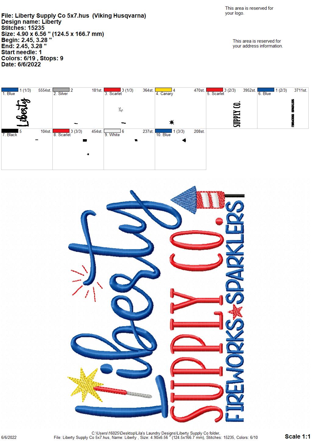 Liberty Supply Co. - 2 sizes- Digital Embroidery Design