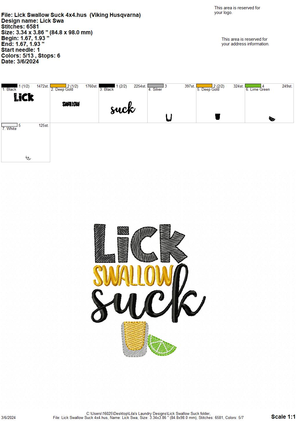 Lick Swallow Suck - 4 Sizes - Digital Embroidery Design