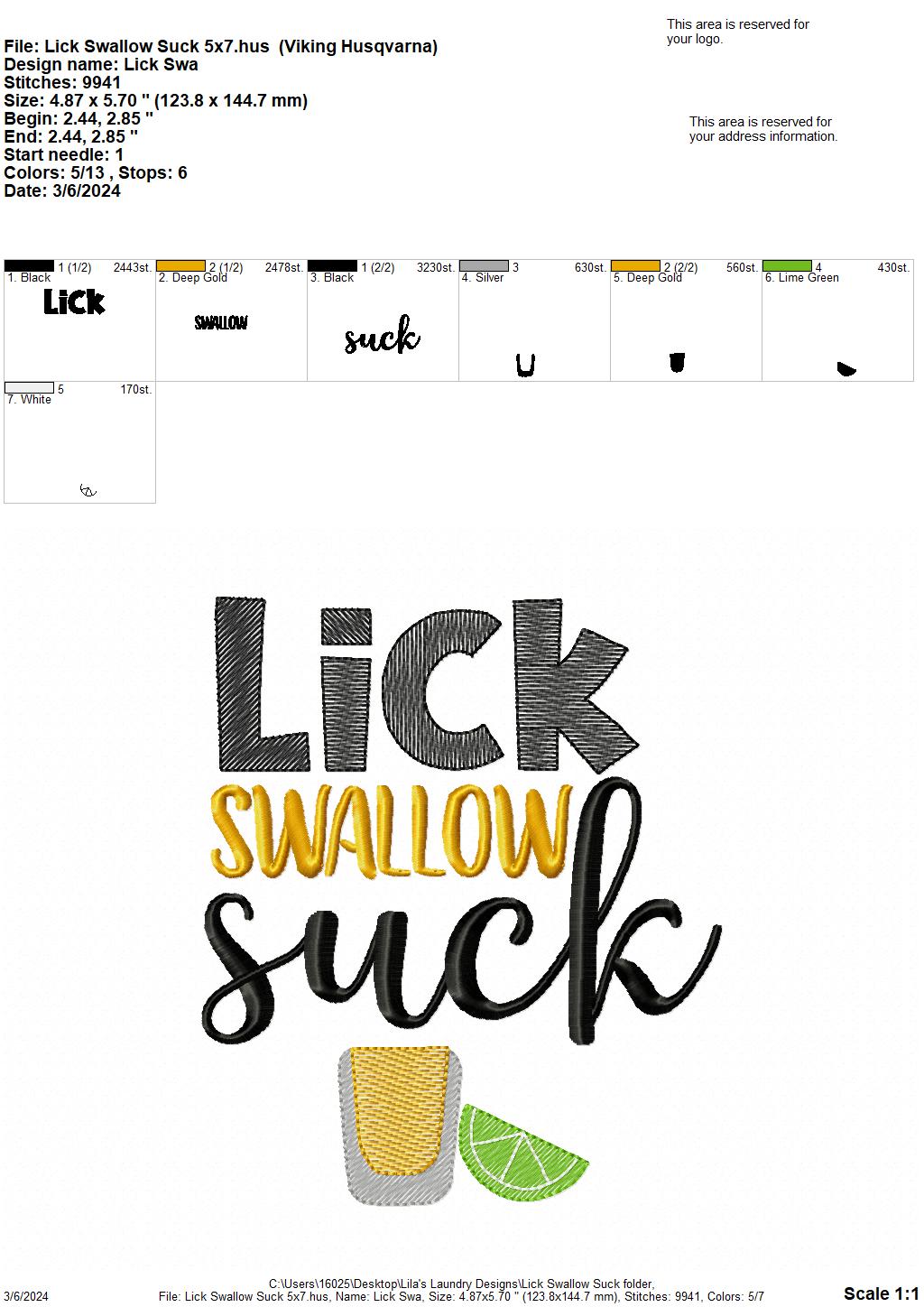 Lick Swallow Suck - 4 Sizes - Digital Embroidery Design