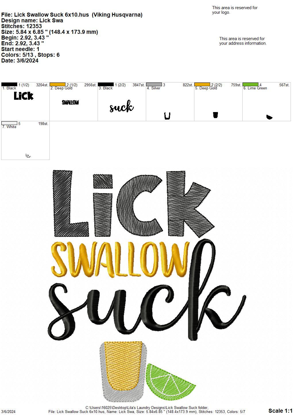 Lick Swallow Suck - 4 Sizes - Digital Embroidery Design