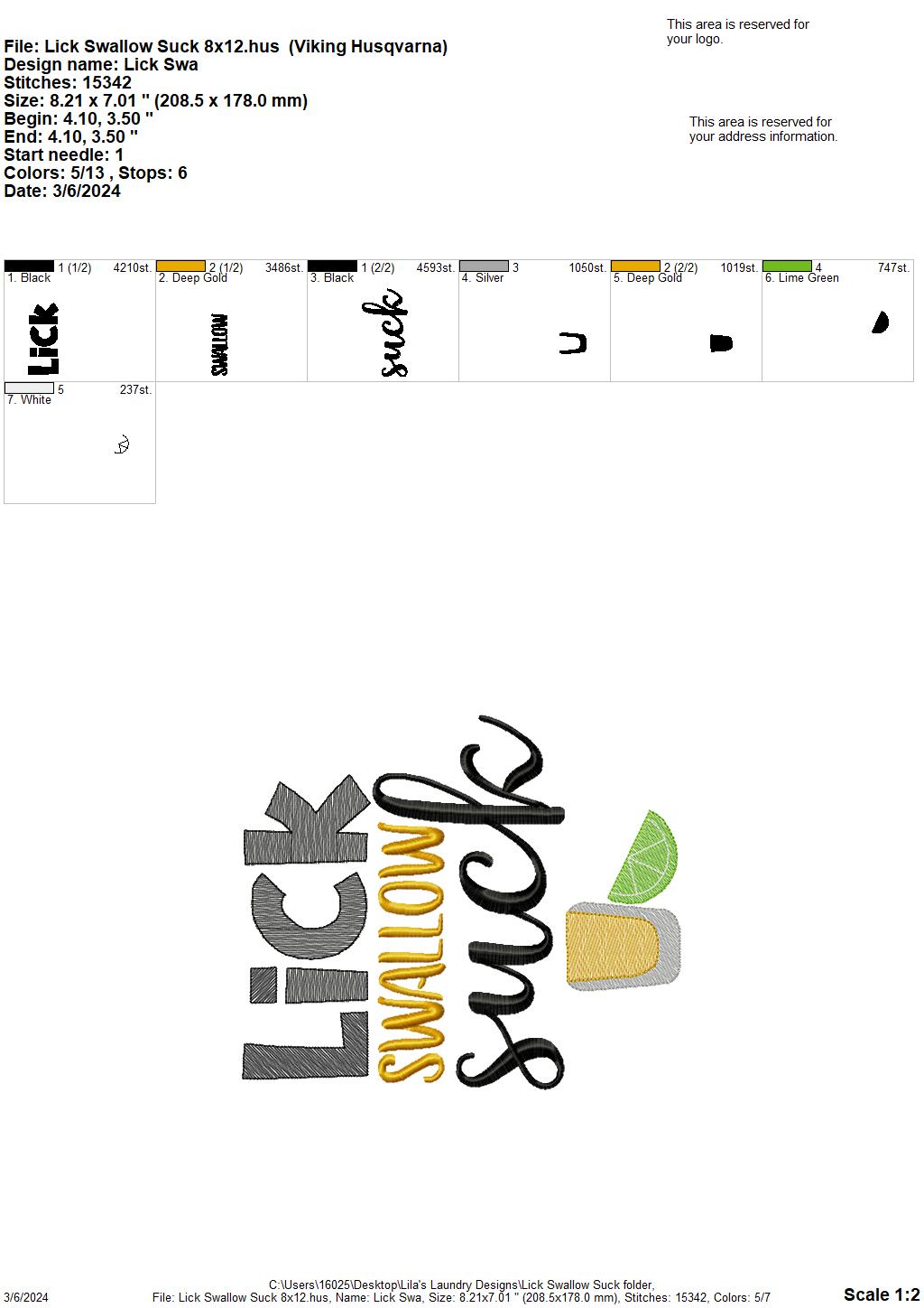 Lick Swallow Suck - 4 Sizes - Digital Embroidery Design