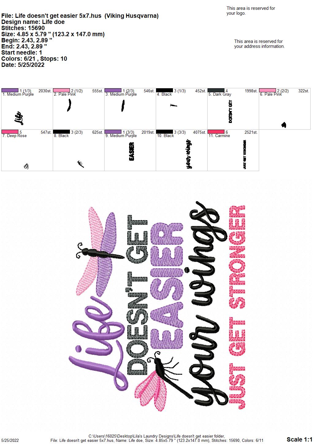 Life Doesn't Get Easier - 3 sizes- Digital Embroidery Design