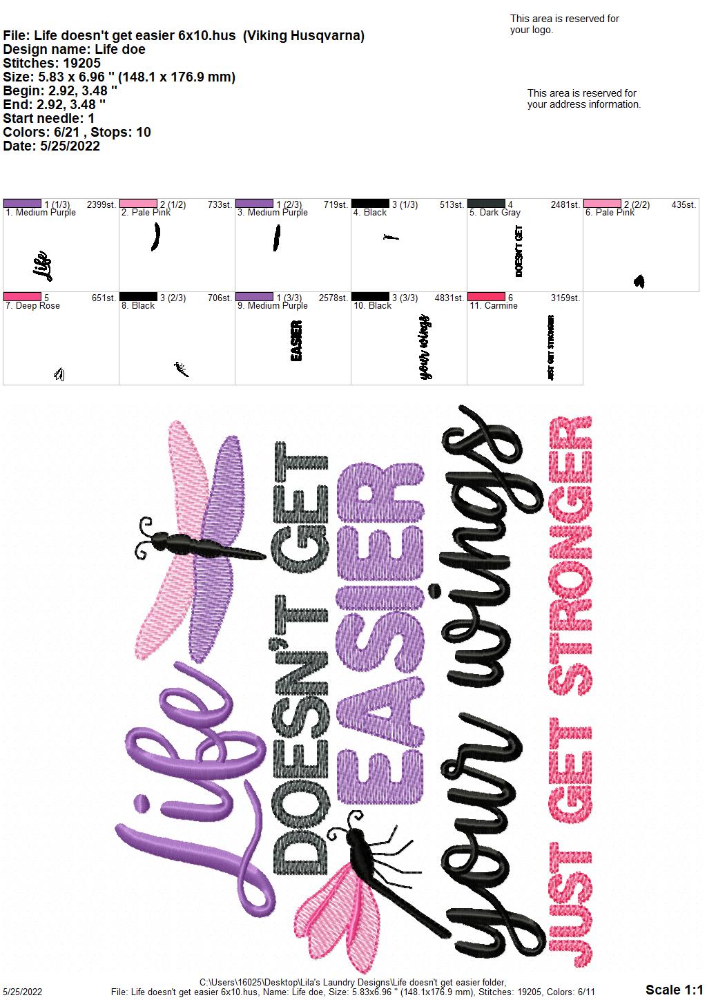 Life Doesn't Get Easier - 3 sizes- Digital Embroidery Design