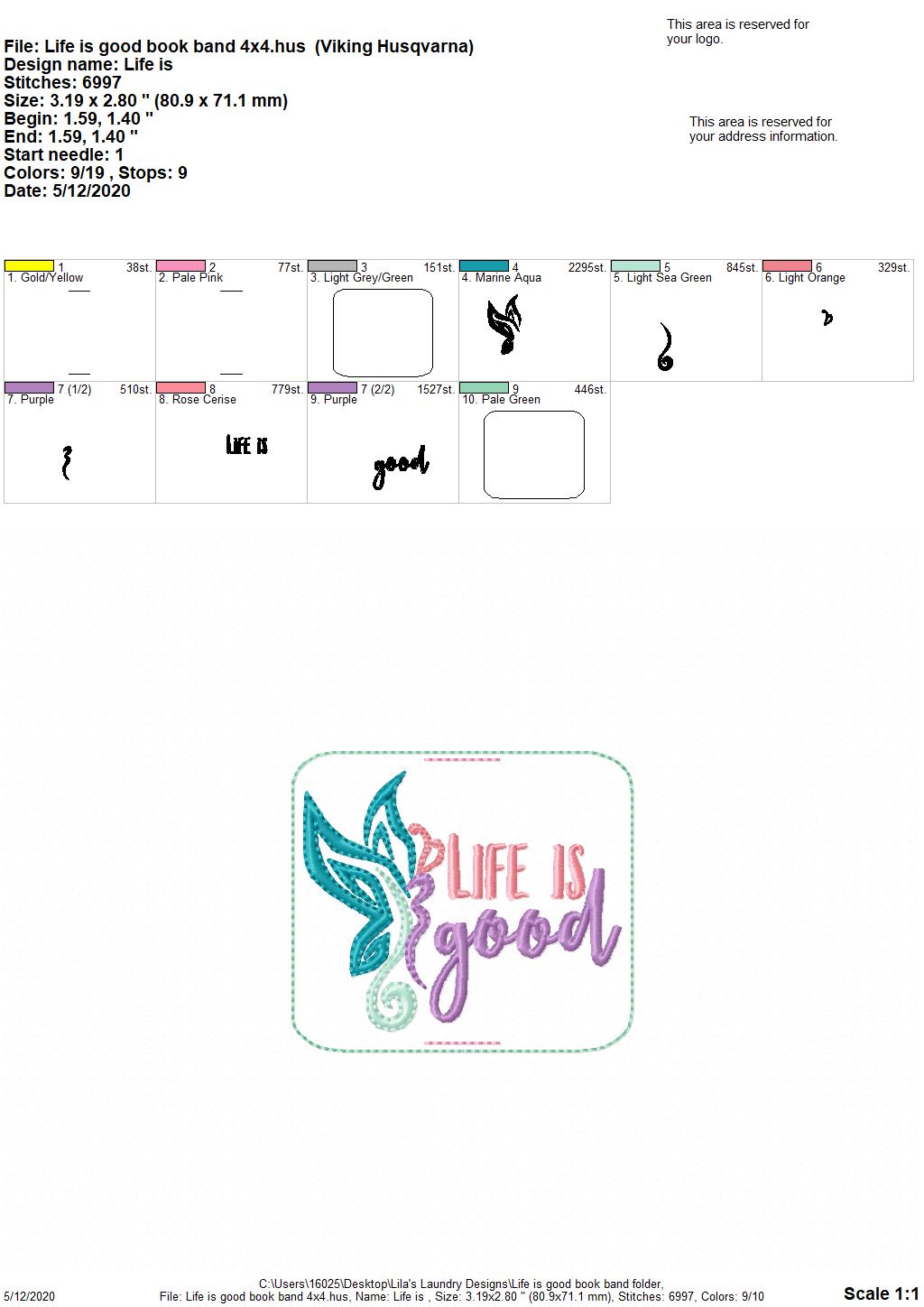 Life is Good Book Band - Digital Embroidery Design