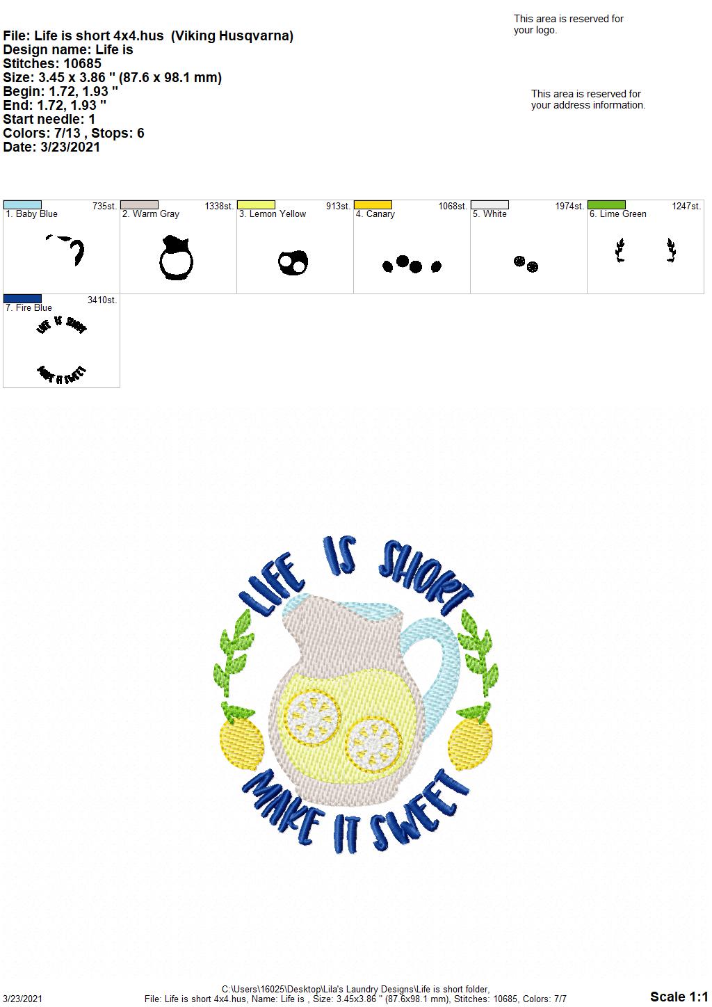 Life is Short - 3 sizes- Digital Embroidery Design