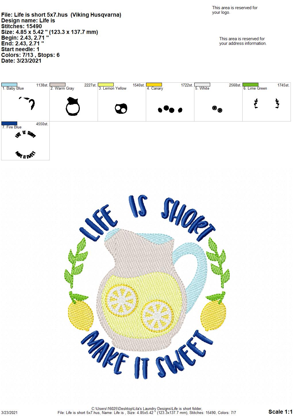 Life is Short - 3 sizes- Digital Embroidery Design