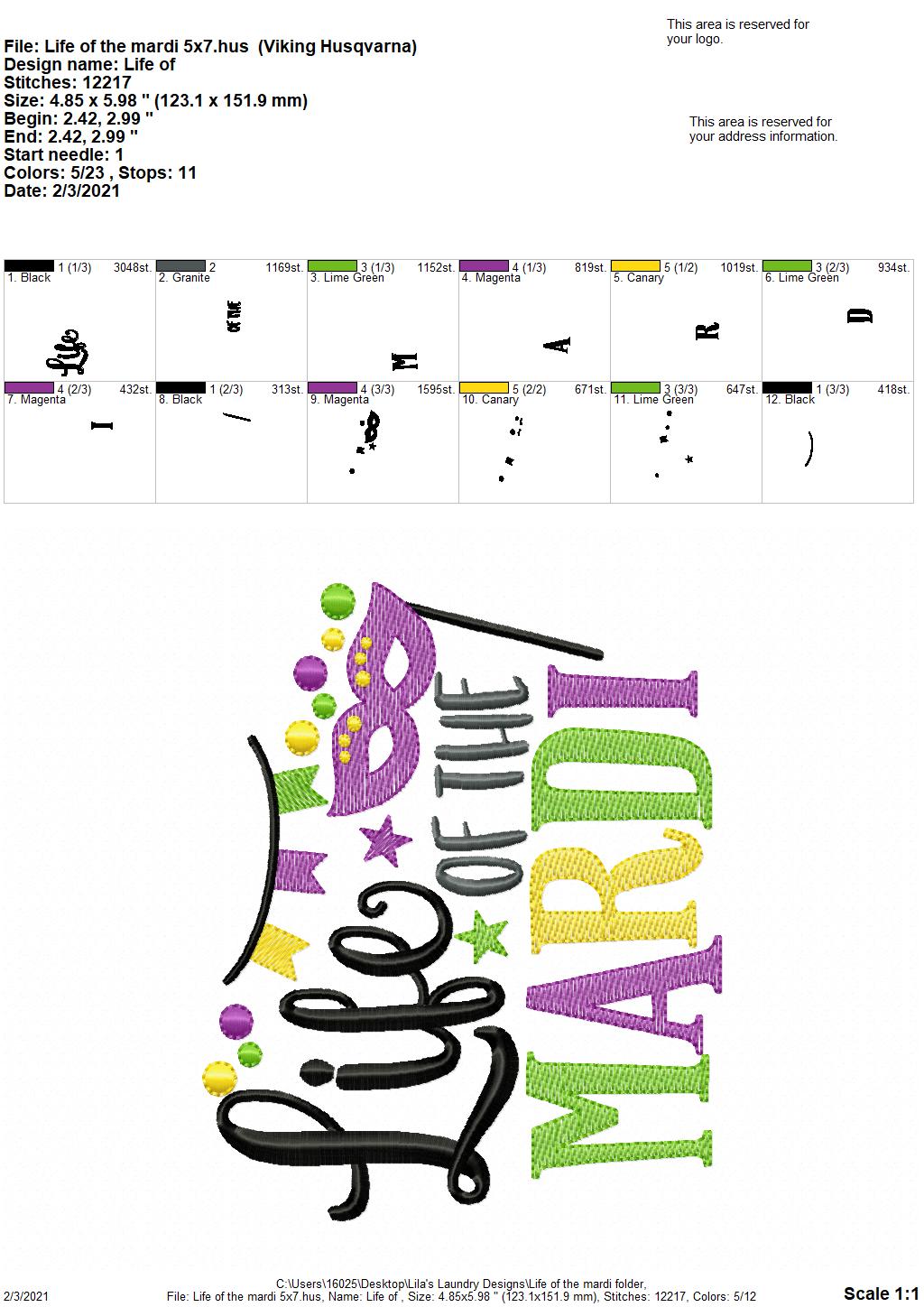 Life of the Mardi- 2 sizes- Digital Embroidery Design