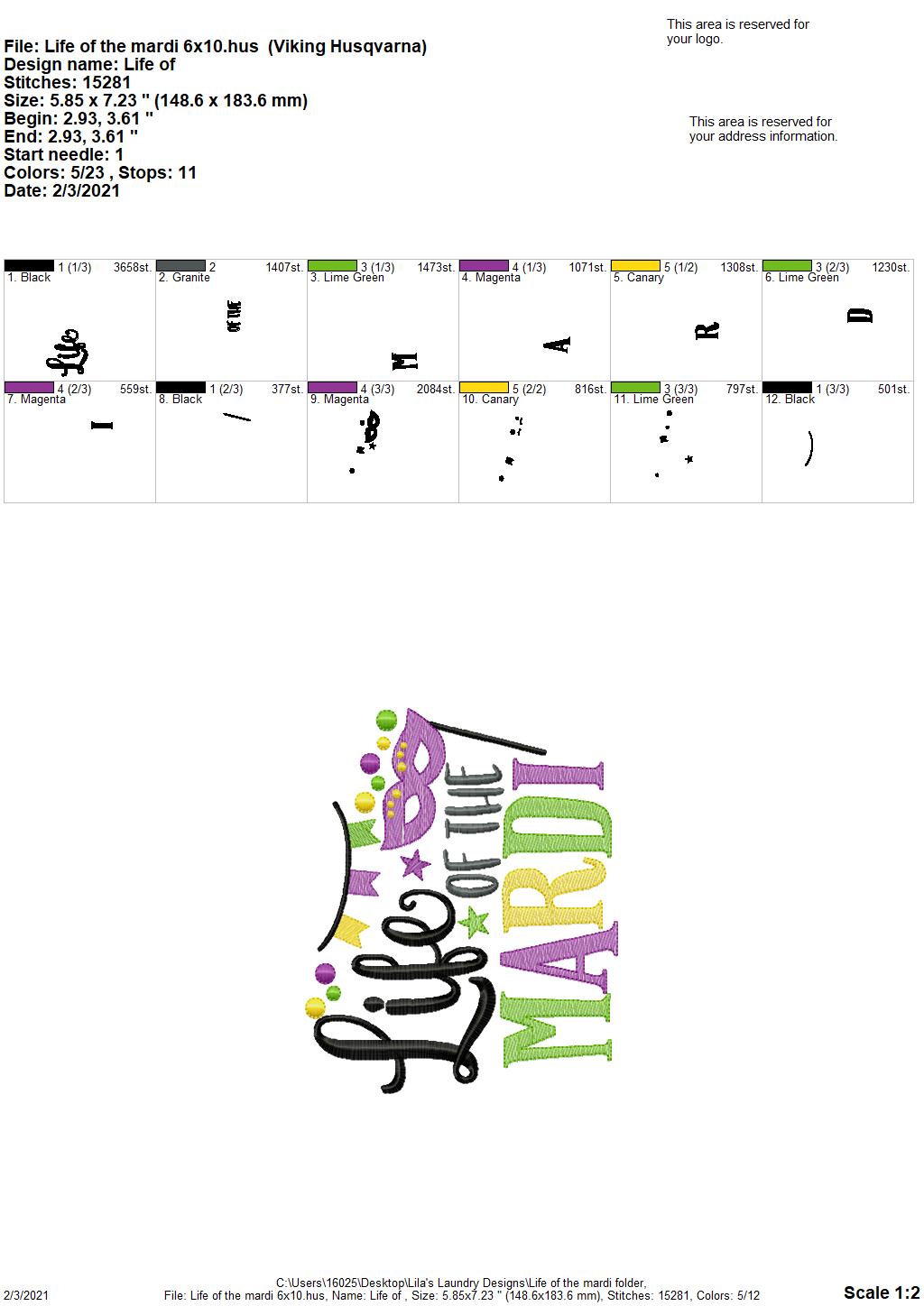 Life of the Mardi- 2 sizes- Digital Embroidery Design