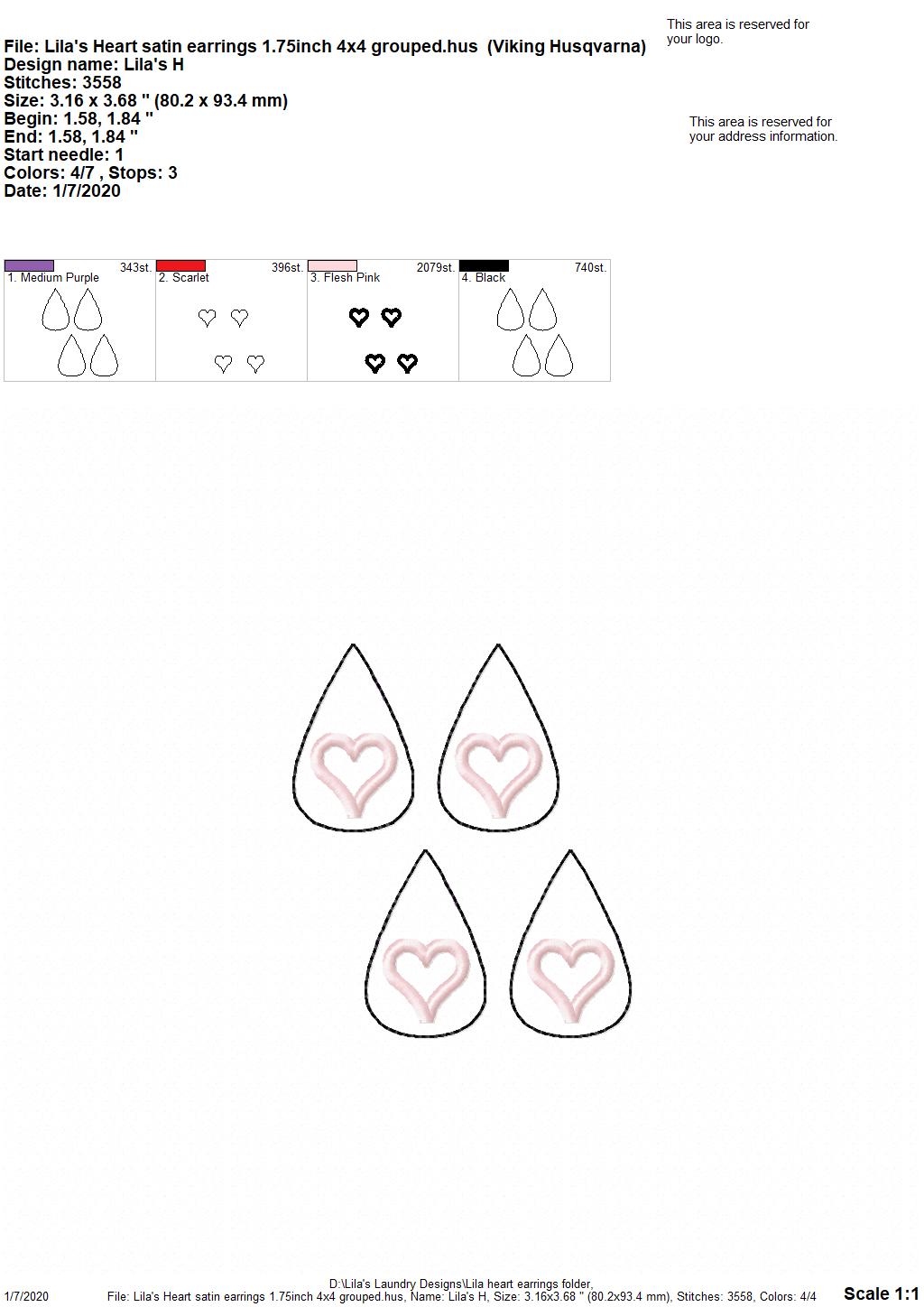 Lila's Heart Earrings - 3 sizes - 4x4 and 5x7 Grouped- Digital Embroidery Design