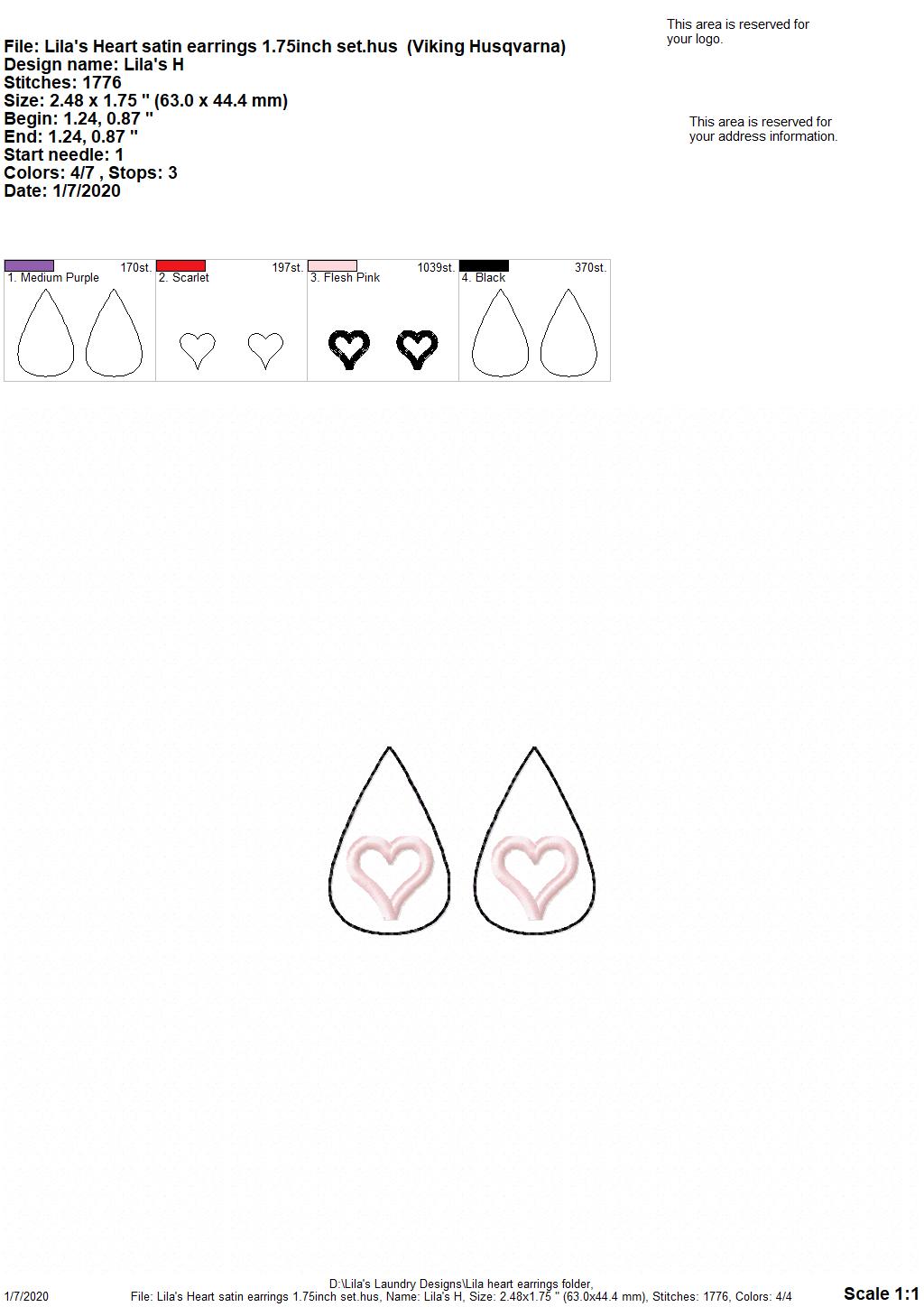 Lila's Heart Earrings - 3 sizes - 4x4 and 5x7 Grouped- Digital Embroidery Design