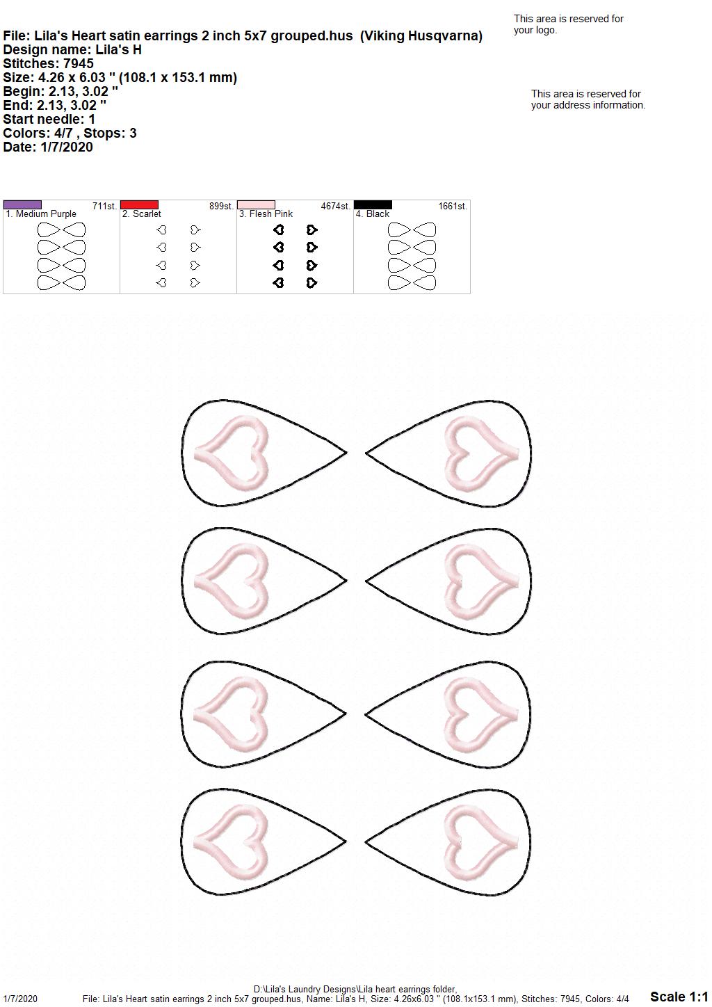 Lila's Heart Earrings - 3 sizes - 4x4 and 5x7 Grouped- Digital Embroidery Design