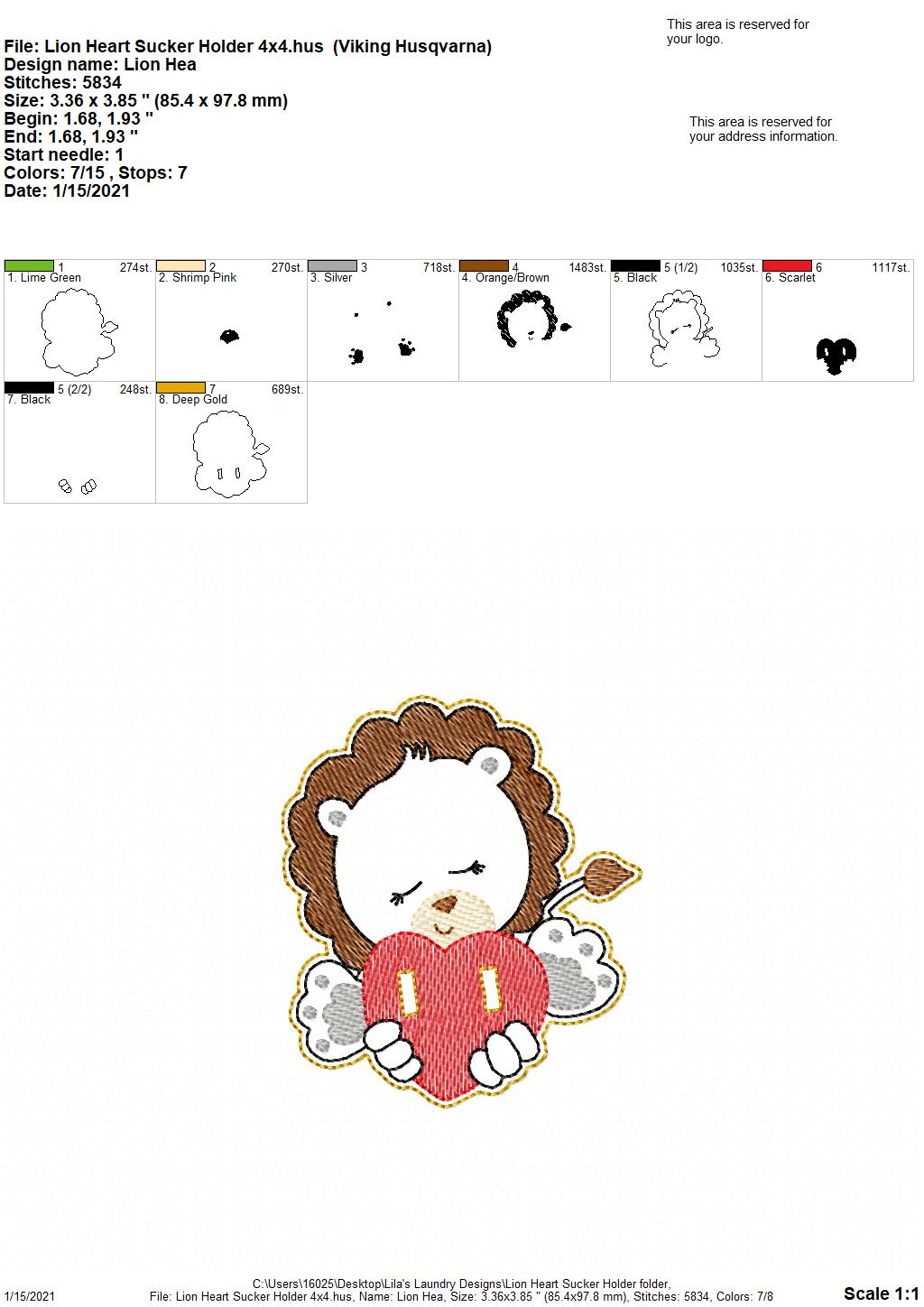 Lion Heart Sucker Holder - DIGITAL Embroidery DESIGN