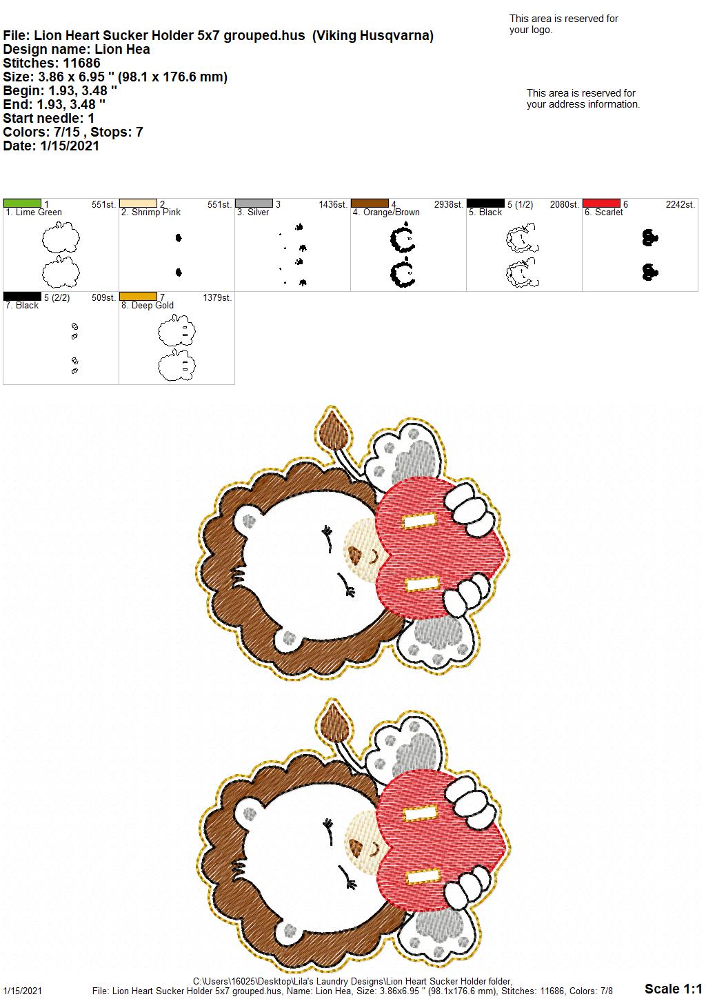 Lion Heart Sucker Holder - DIGITAL Embroidery DESIGN