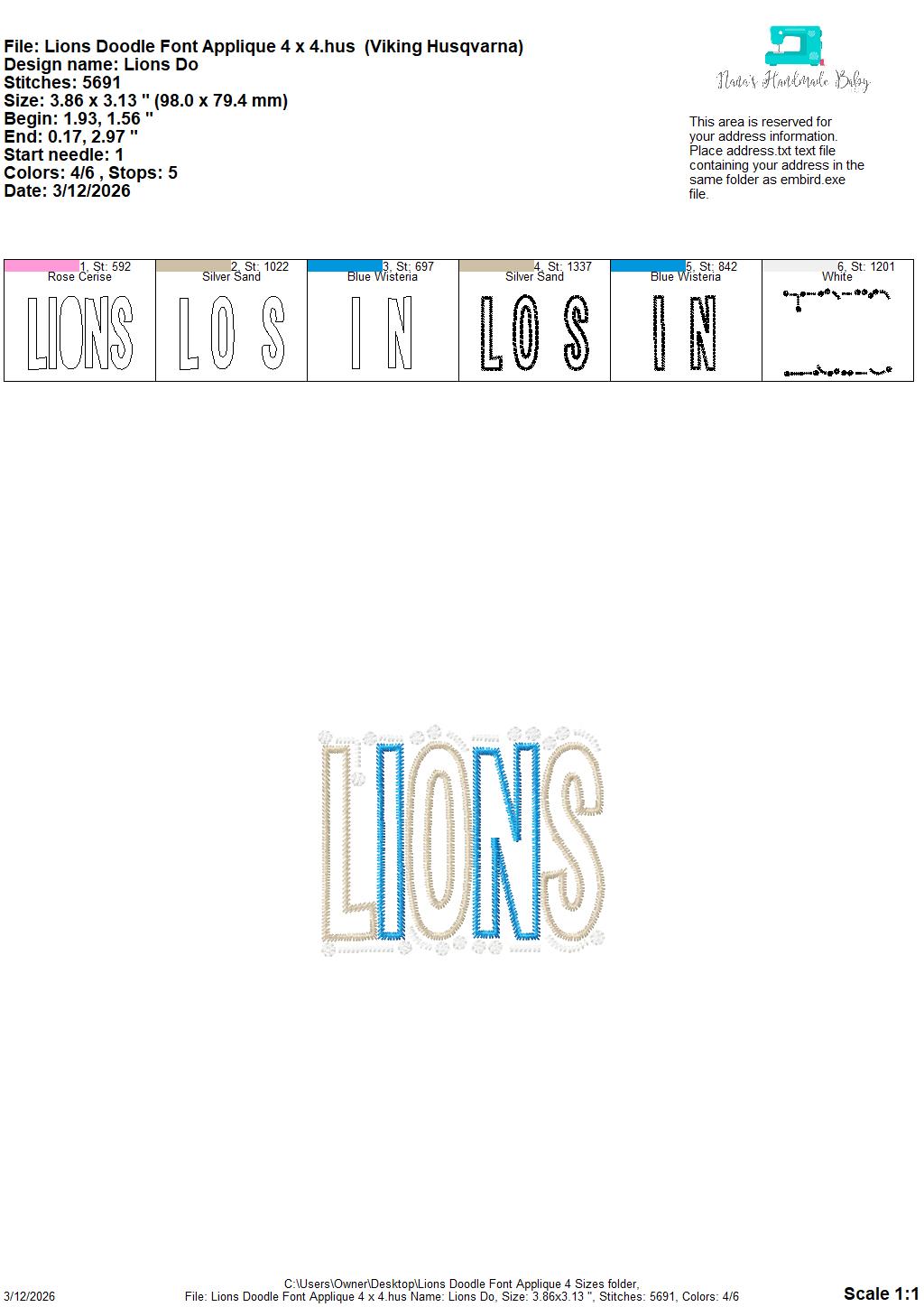 Lions Doodle Font Applique – 4 x 4, 5 x 7, 6 x 10 and 8 x 12 – DIGITAL Embroidery Design