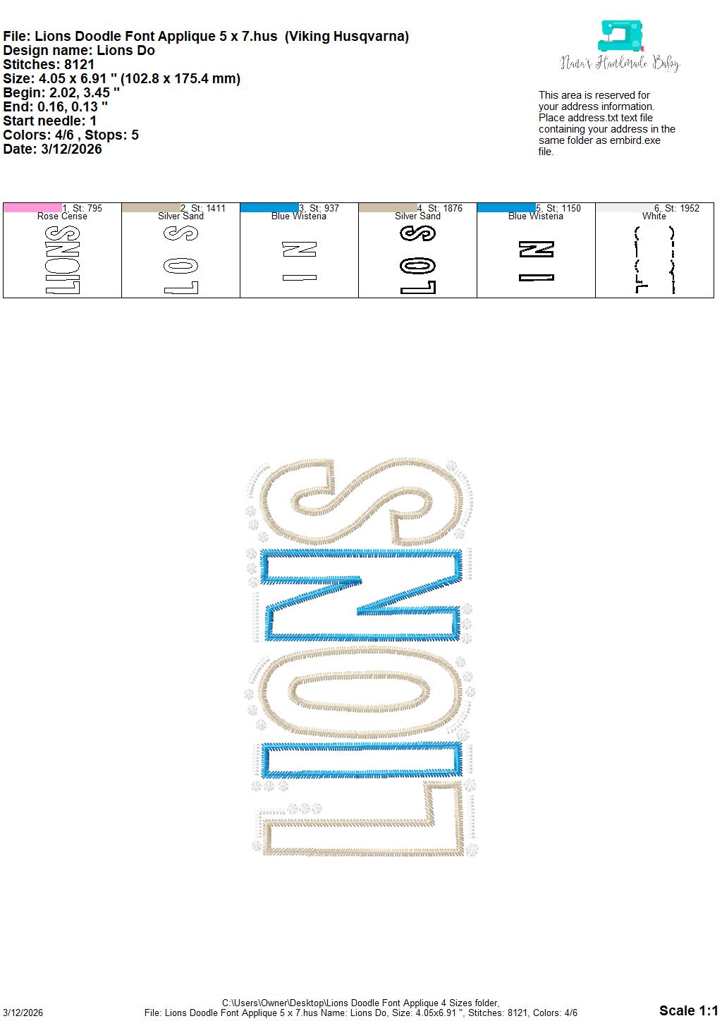 Lions Doodle Font Applique – 4 x 4, 5 x 7, 6 x 10 and 8 x 12 – DIGITAL Embroidery Design