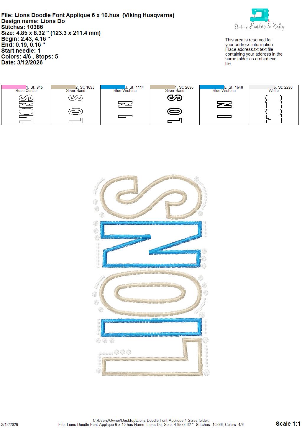 Lions Doodle Font Applique – 4 x 4, 5 x 7, 6 x 10 and 8 x 12 – DIGITAL Embroidery Design