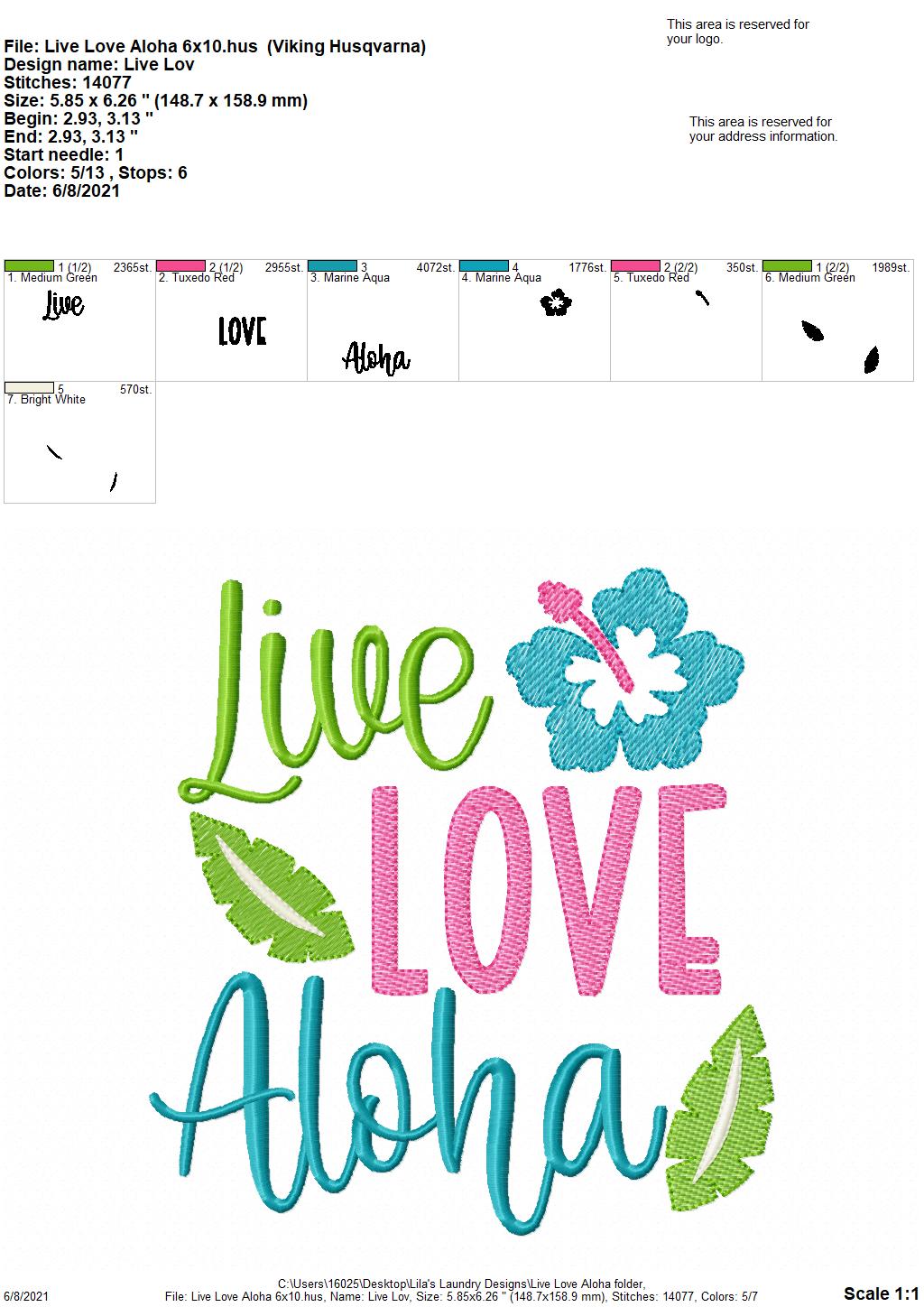 Live Love Aloha - 4 sizes- Digital Embroidery Design