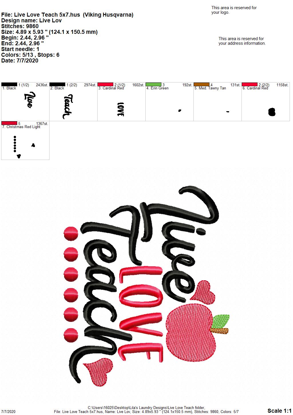 Live Love Teach - 2 Sizes - Digital Embroidery Design