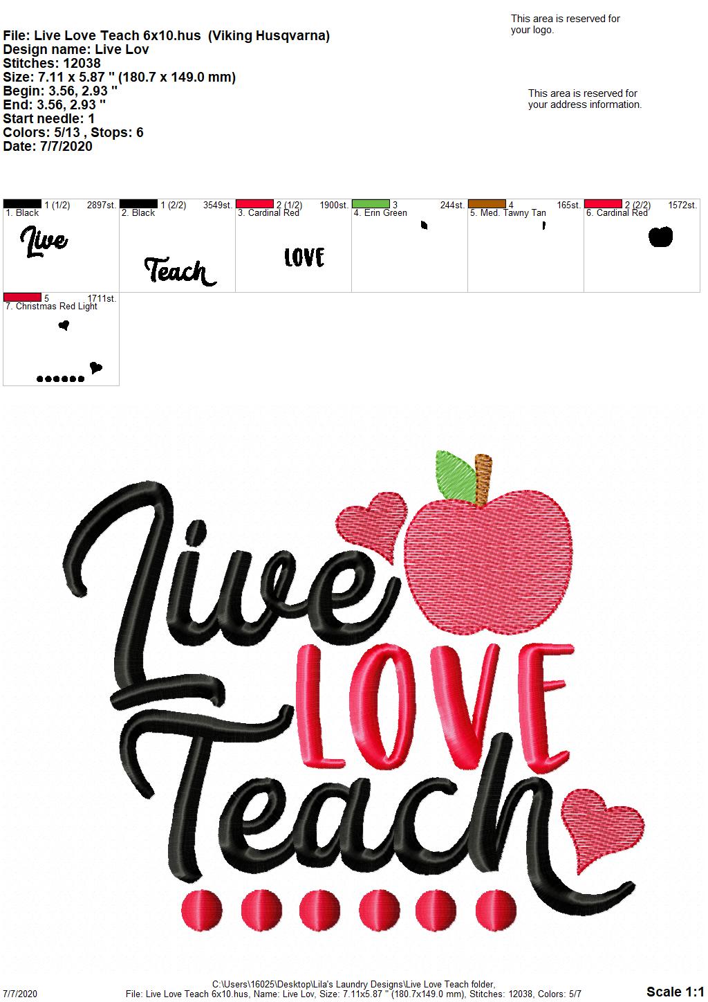 Live Love Teach - 2 Sizes - Digital Embroidery Design