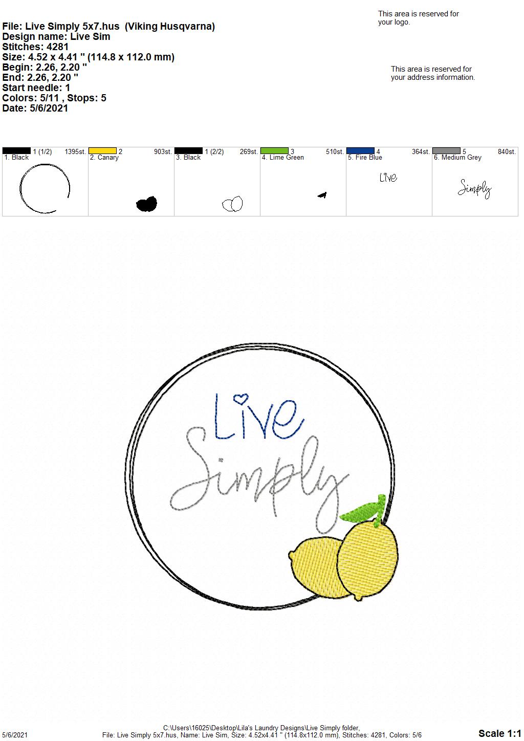 Live Simply - 4 sizes- Digital Embroidery Design