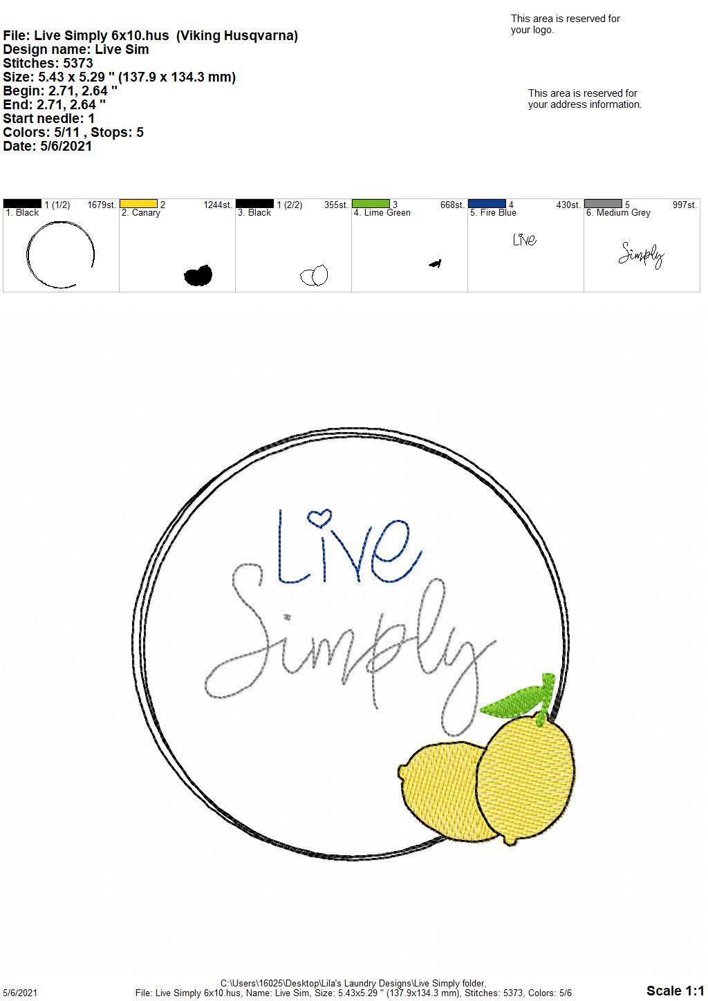 Live Simply - 4 sizes- Digital Embroidery Design