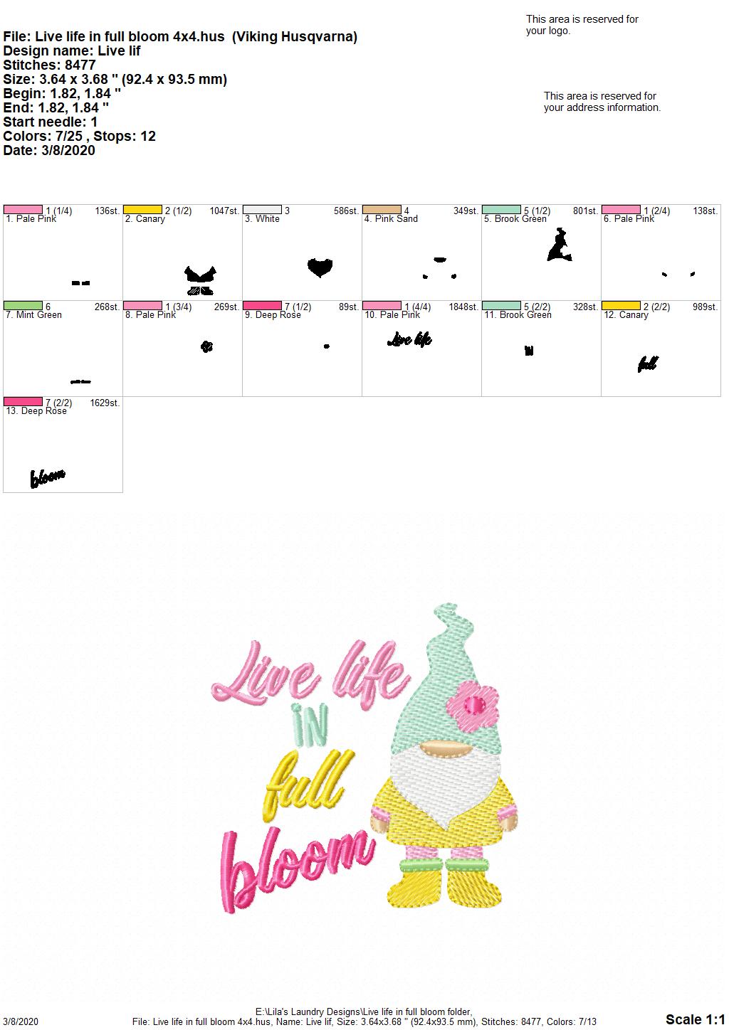 Live life in full bloom - 3 Sizes - Digital Embroidery Design