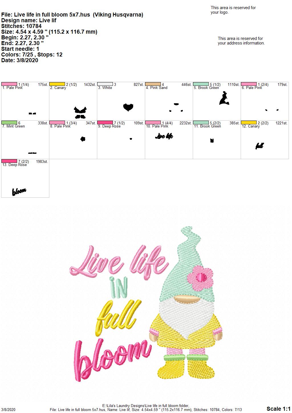 Live life in full bloom - 3 Sizes - Digital Embroidery Design