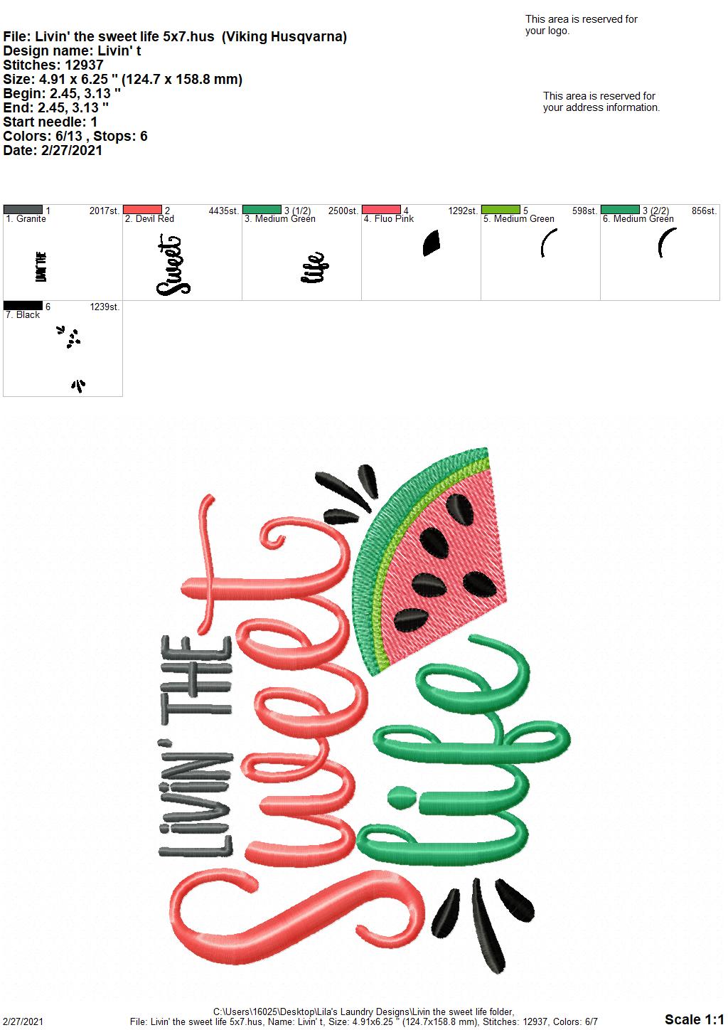 Livin' The Sweet Life - 3 sizes- Digital Embroidery Design
