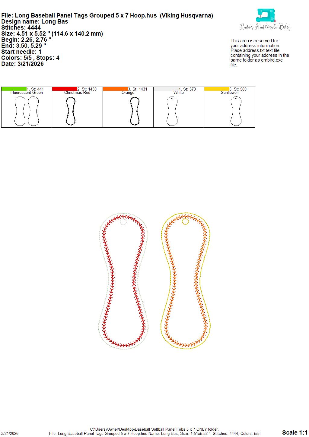 Baseball Softball Long Panel Bag Tags – 2 Styles Included – 5 x 7 Hoop ONLY - Digital Embroidery Design