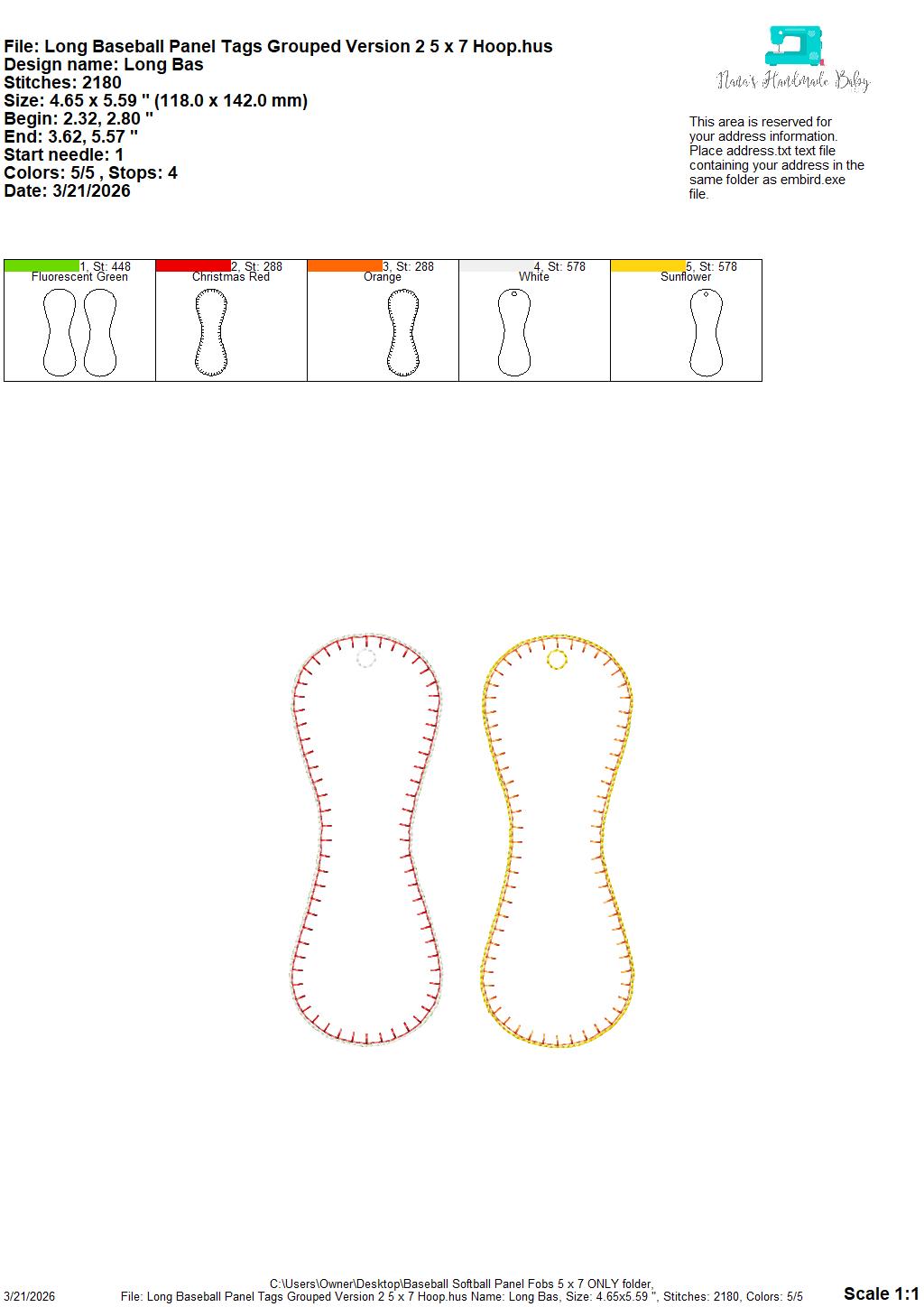 Baseball Softball Long Panel Bag Tags – 2 Styles Included – 5 x 7 Hoop ONLY - Digital Embroidery Design