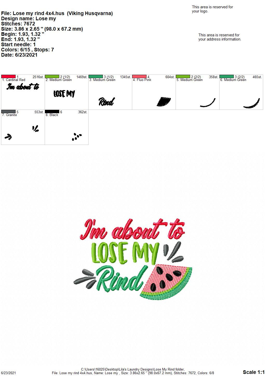 I'm About to Lose my Rind - 3 sizes- Digital Embroidery Design