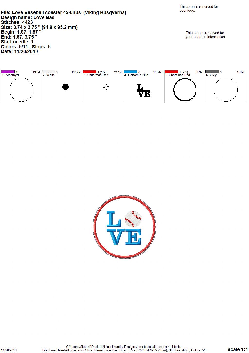 Love Baseball Coaster 4x4 - DIGITAL Embroidery DESIGN