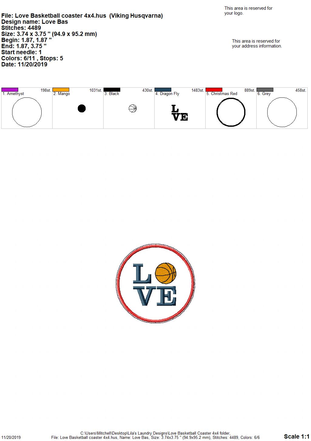 Love Basketball Coaster 4x4 - DIGITAL Embroidery DESIGN
