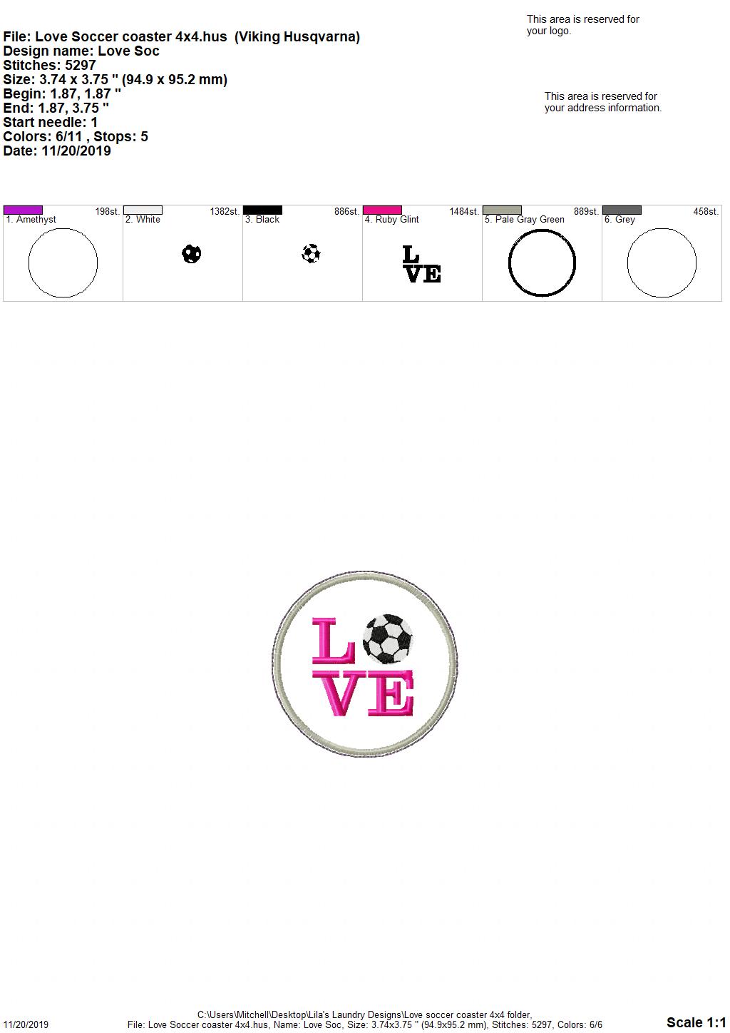 Love Soccer Coaster 4x4 - DIGITAL Embroidery DESIGN
