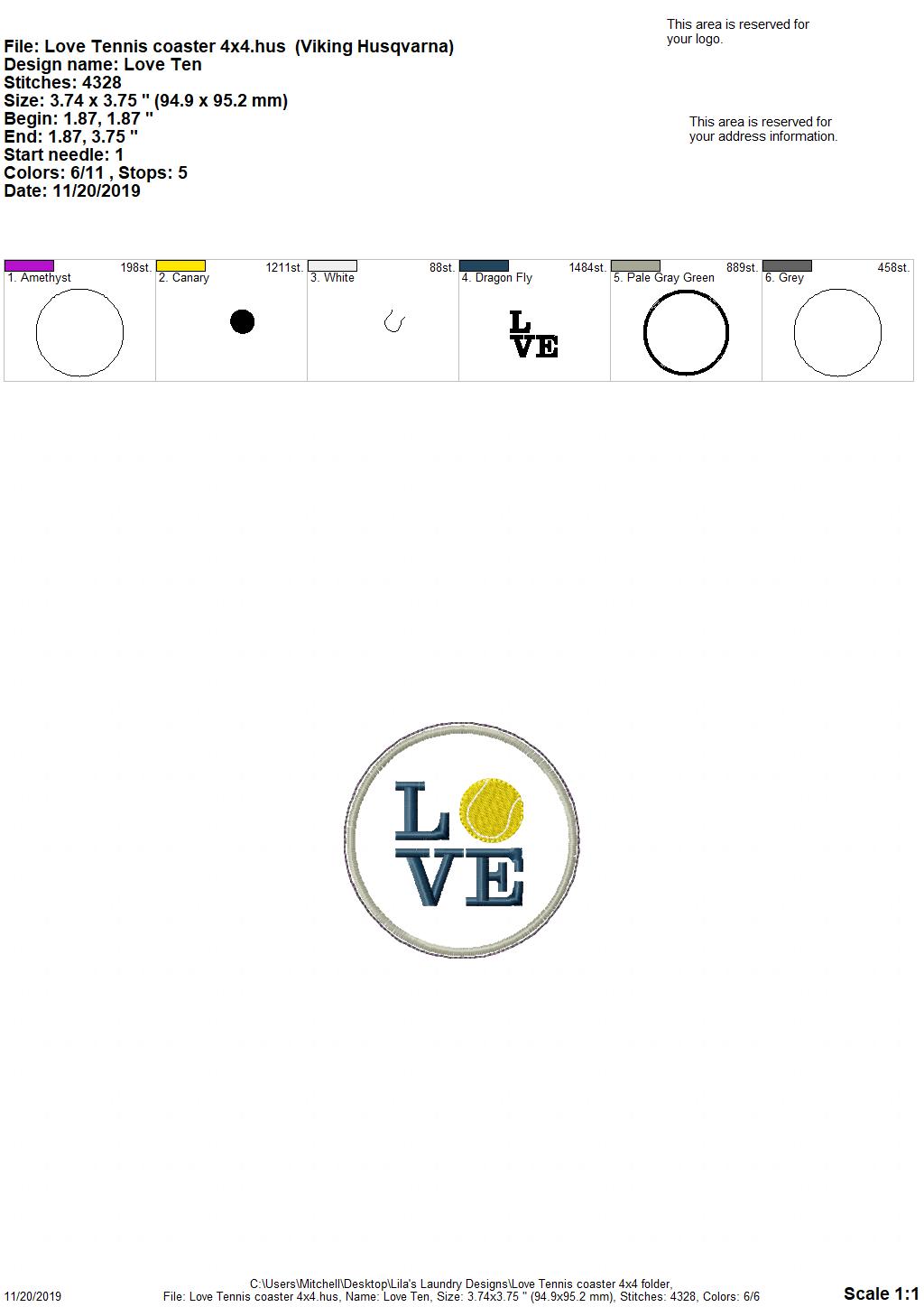 Love Tennis Coaster 4x4 - DIGITAL Embroidery DESIGN