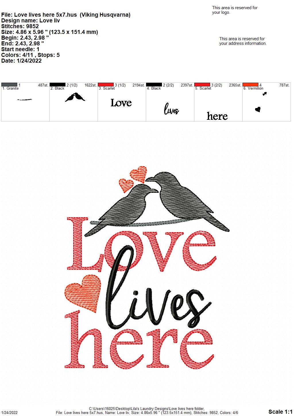 Love Lives Here - 3 sizes- Digital Embroidery Design