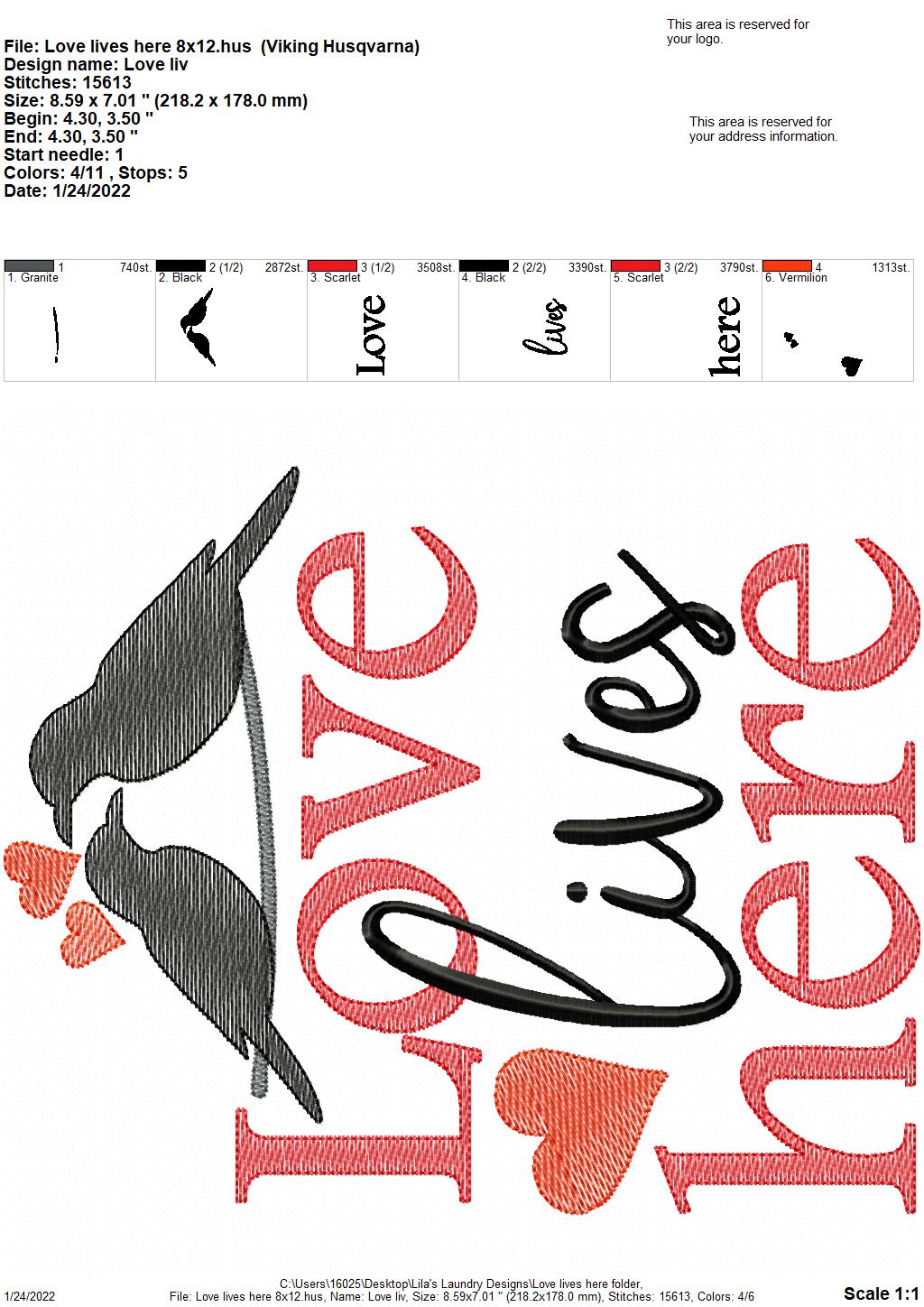 Love Lives Here - 3 sizes- Digital Embroidery Design
