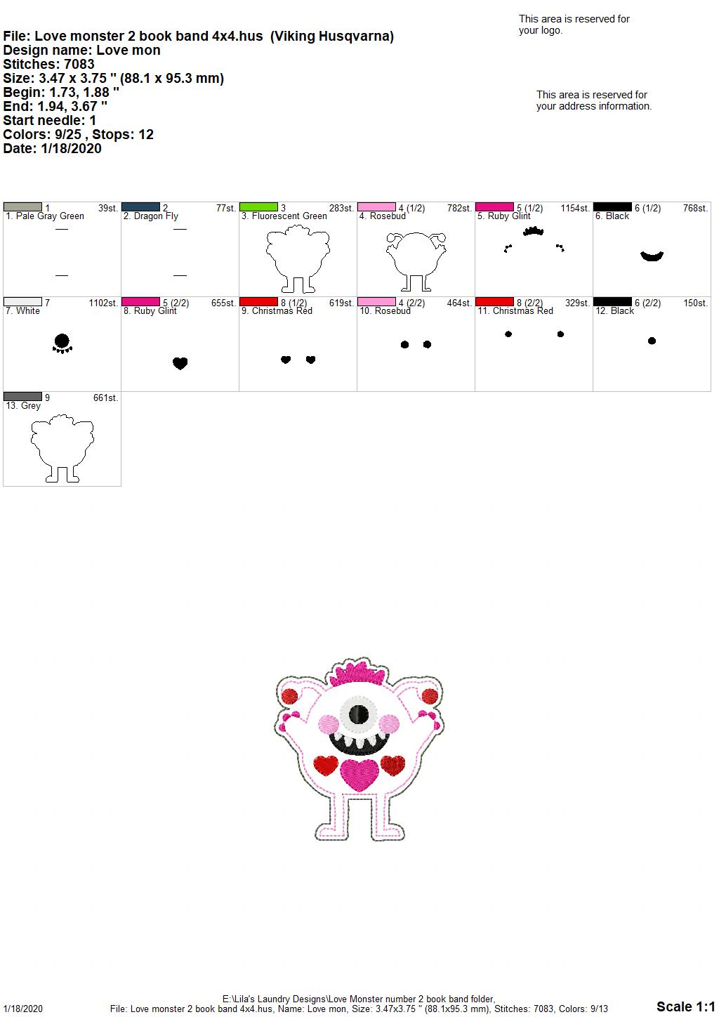 Love Monster 2 Book Band - Digital Embroidery Design