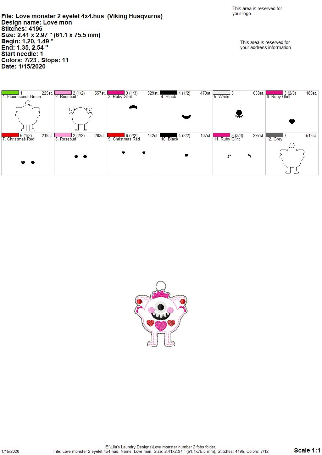 Love Monster Number 2 Fobs -  DIGITAL Embroidery DESIGN