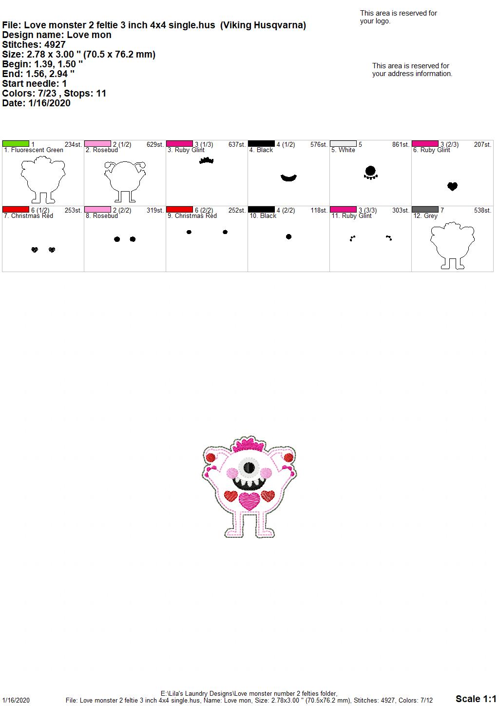 Love Monster Number 2 Felties - 3 sizes - Digital Embroidery Design