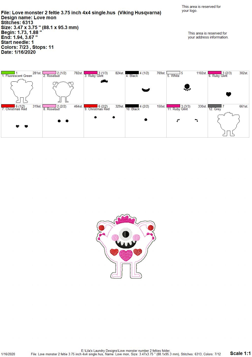 Love Monster Number 2 Felties - 3 sizes - Digital Embroidery Design