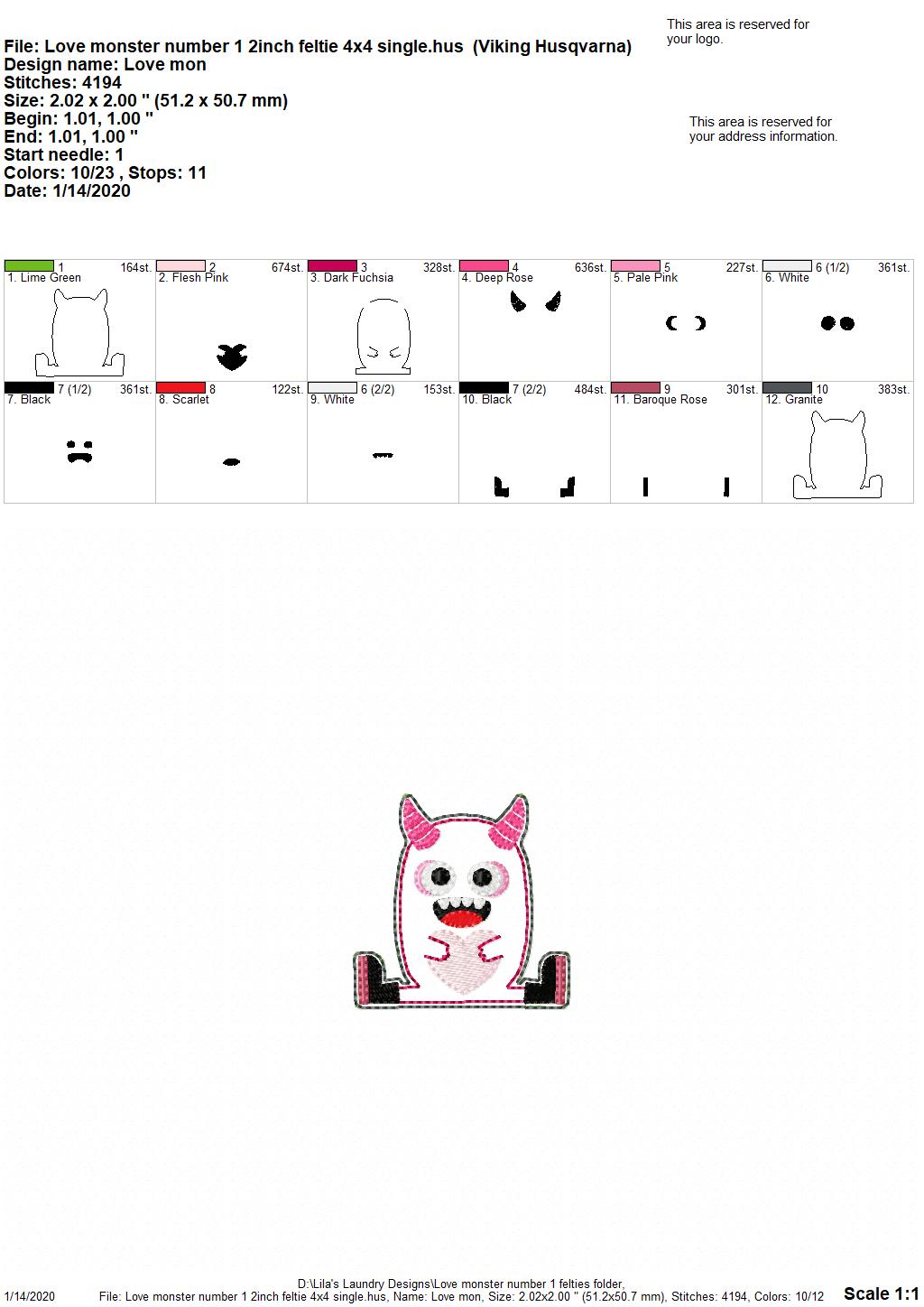 Love Monster Number 1 Felties - 3 sizes - Digital Embroidery Design