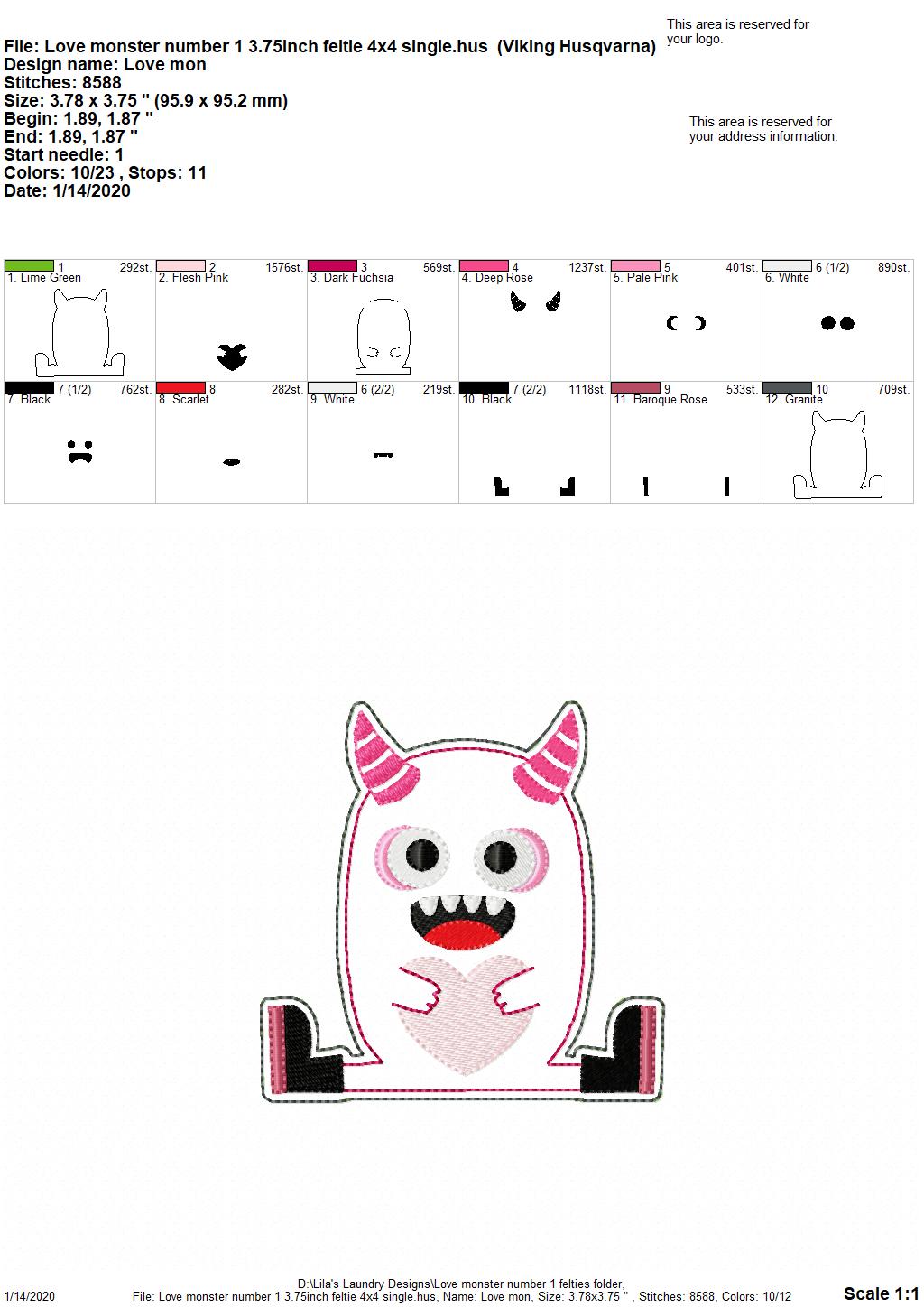 Love Monster Number 1 Felties - 3 sizes - Digital Embroidery Design