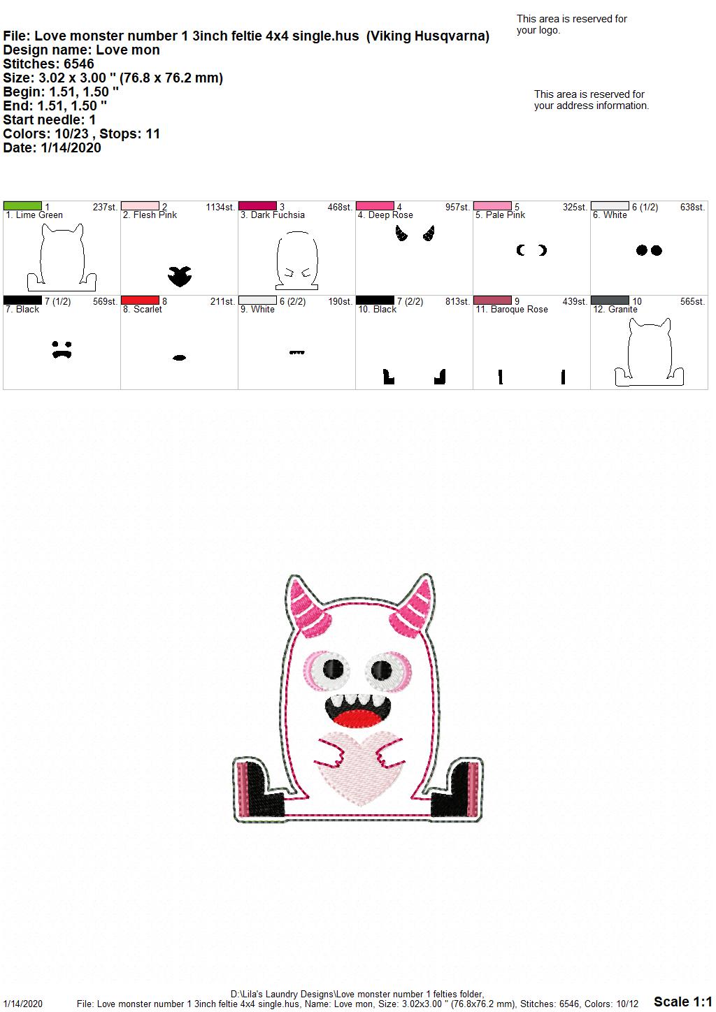 Love Monster Number 1 Felties - 3 sizes - Digital Embroidery Design